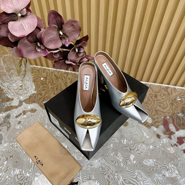 ALAIA AZZEDINE HIGH HEELS IN SILVER CALFSKIN WITH GOLD HARDWARE