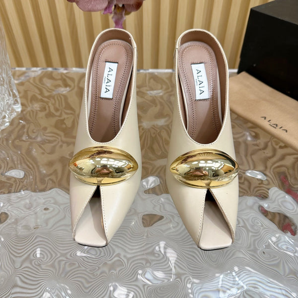 ALAIA AZZEDINE HIGH HEELS IN BEIGE CREAM CALFSKIN WITH GOLD HARDWARE