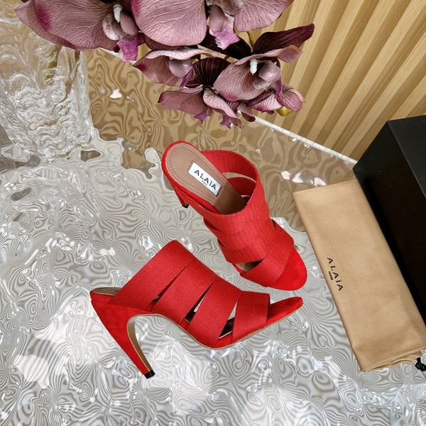 SANDALI ALAIA ELASTIC CAGE MULE CON CINTURINO INTRECCIATO ROSSO CILIEGIA E PELLE DI AGNELLO