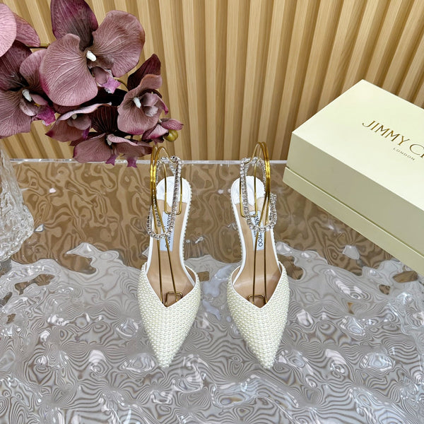 Jimmy Saeda 105 In White Pearl Studded Lambskin Pumps 581507