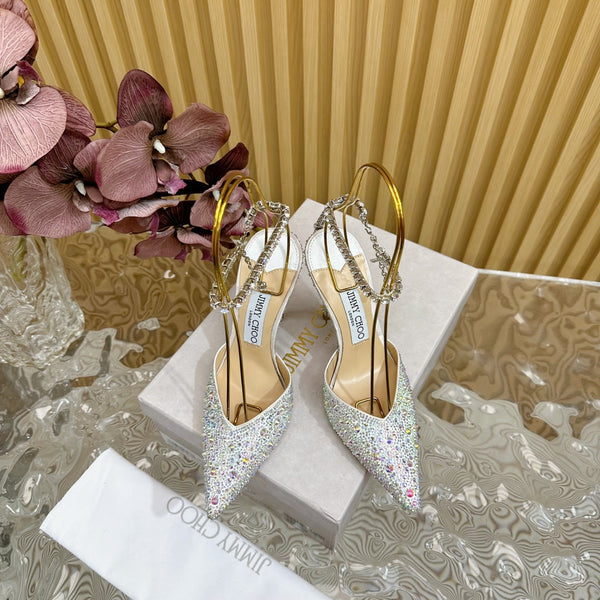 Jimmy Saeda 100mm In White Silver Satin Pumps With Crystal Embellishment 641056