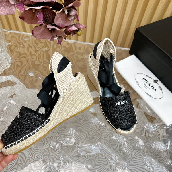 PRA ESPADRILLE WEDGE SANDALS BLACK RAFFIA