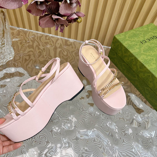 GG PLATFORM SANDAL PASTEL PINK CALFSKIN WITH CHAINS