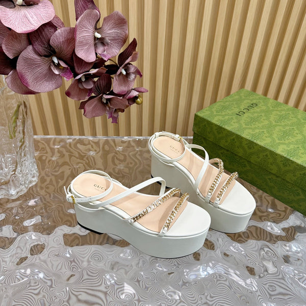 GG PLATFORM SANDAL WHITE CALFSKIN WITH CHAINS