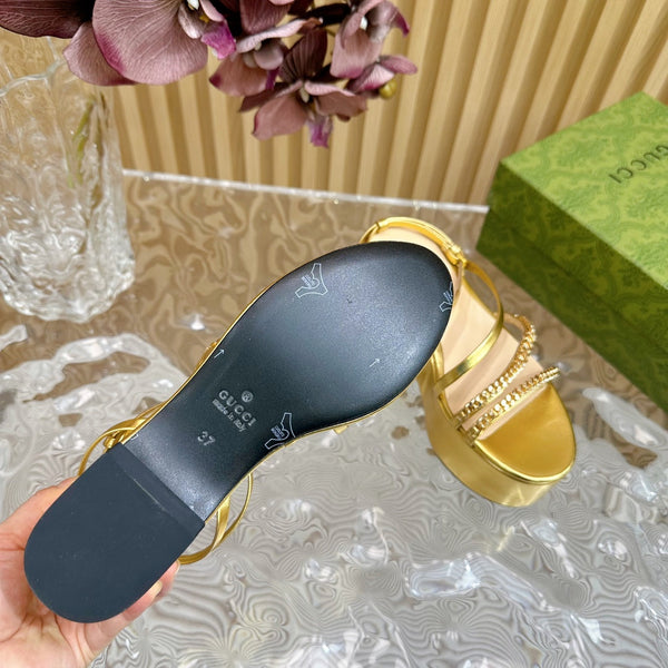 GG PLATFORM SANDAL METALLIC GOLD CALFSKIN WITH CHAINS