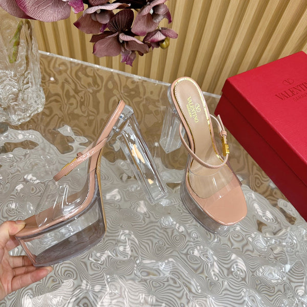 HIGH HEEL SANDAL 14CM IN NUDE TAN CALFSKIN AND TRANSPARENT PVC