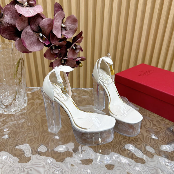 SANDALO ALTO 14CM IN VITELLO BIANCO E PVC TRASPARENTE