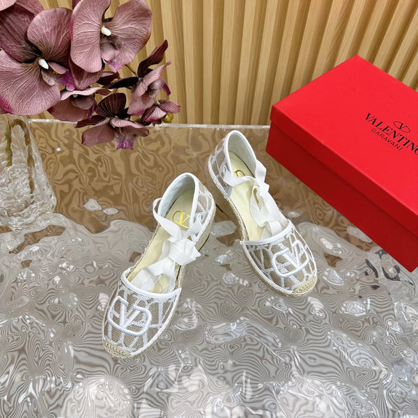 Valentino Wedge High Heel Lace-Up Sandals 85mm In Brown Grey Mix White Canvas Fabric And Raffia 814613