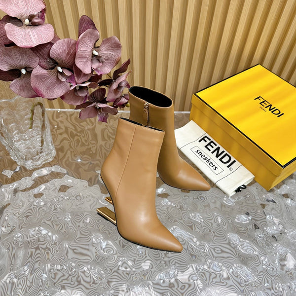 FENDI FIRST 80 MM BOOTS IN CIDER BROWN CALFSKIN WITH GOLD HARDWARE