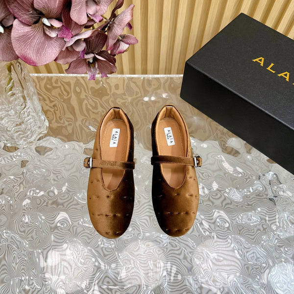 ALAIA BALLET FLATS IN MOCHA BROWN VELVET