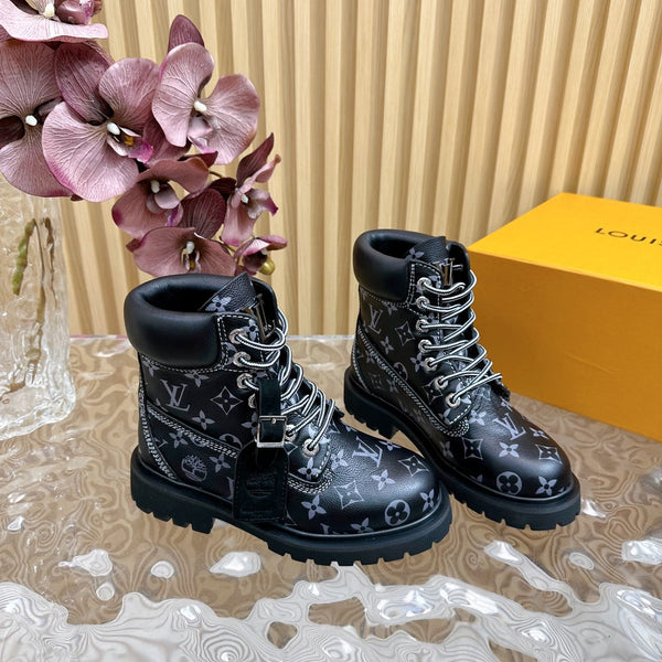 Stivaletto alla caviglia di alta qualità LV x Timberland 6-In in pelle di vitello monogrammata nera