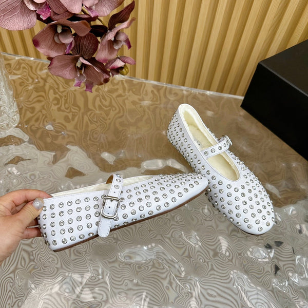 Alaia Strass Ballet Flats In White Calfskin With Fleece Lining 926039