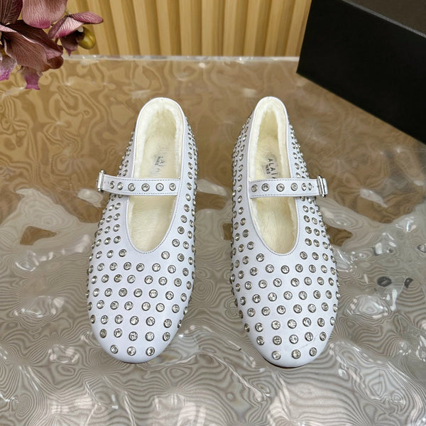 Alaia Strass Ballet Flats In White Calfskin With Fleece Lining 926039