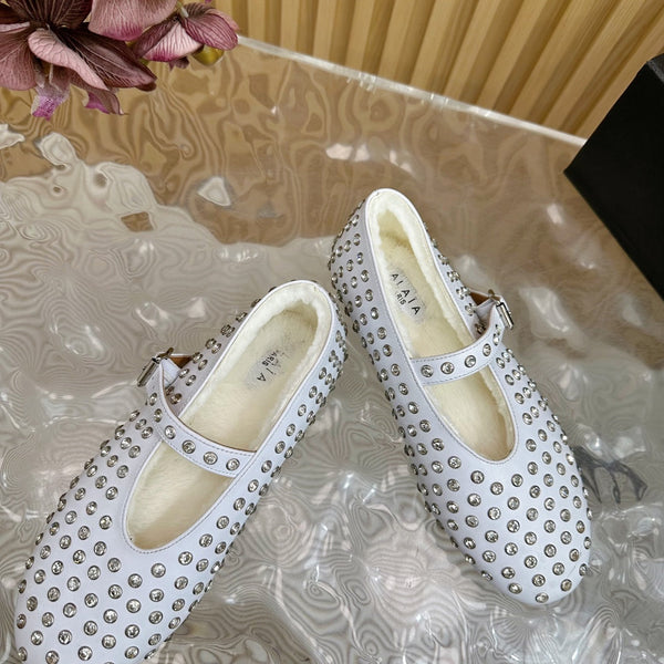 Alaia Strass Ballet Flats In White Calfskin With Fleece Lining 926039