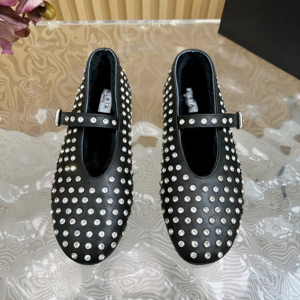 Alaia Strass Ballet Flats In Black Calfskin With Fleece Lining 926043