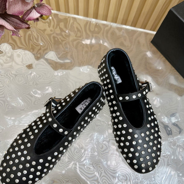 Alaia Strass Ballet Flats In Black Calfskin With Fleece Lining 926043