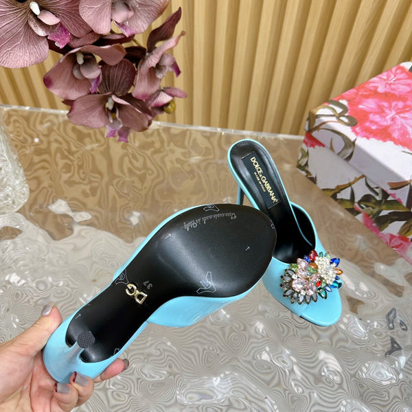 DC Rhinestone Buckle Mules Clear Blue Silk & Sheepskin 926029