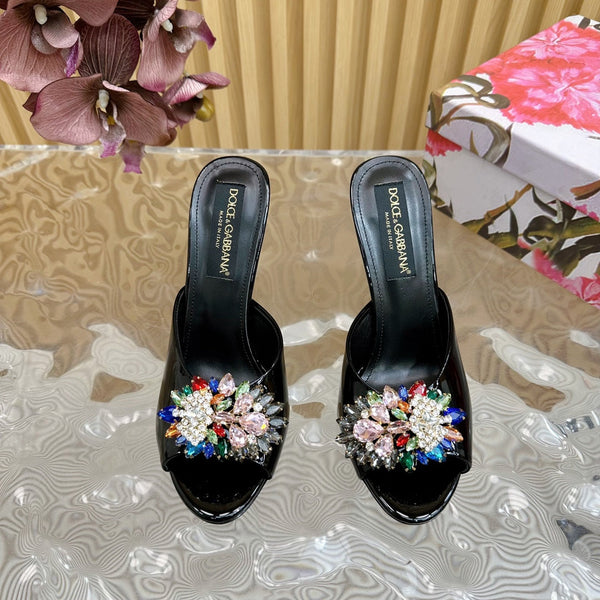 DC Rhinestone Buckle Mules Black Silk & Sheepskin 926030