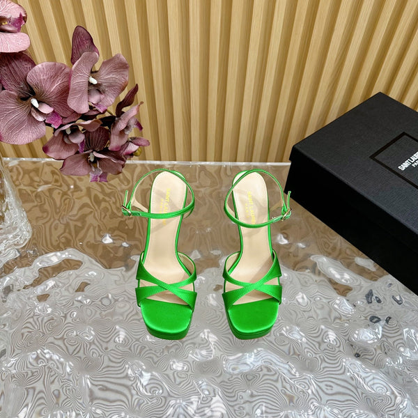 DEBBIE PLATFORM SANDALS IN GREEN SILK