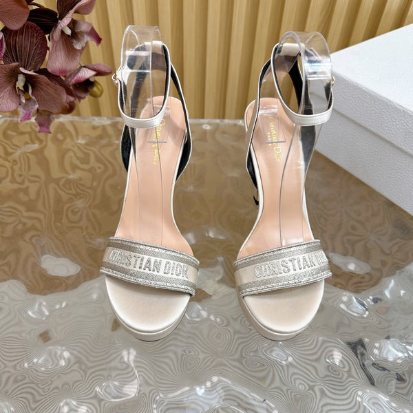 CD Dway Heeled Sandal 120mm White Grey Silk And Lambskin