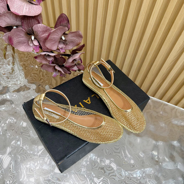 Alaila Mary Jane In Gold Mesh Fabric 103022