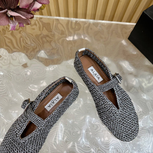 Alaia Ballet Flats In Dark Grey Stretch Woven Sedge 102278