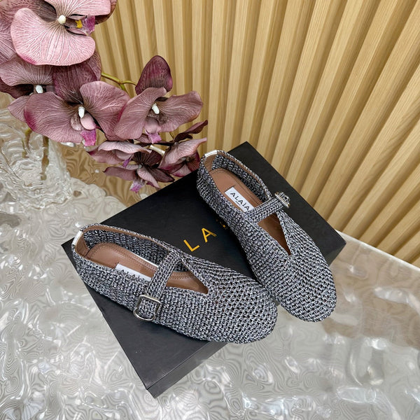 Alaia Ballet Flats In Dark Grey Stretch Woven Sedge 102278