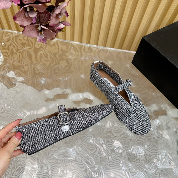 Alaia Ballet Flats In Dark Grey Stretch Woven Sedge 102278