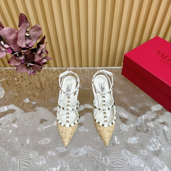 Rockstud Pump In Dark Beige Mix White Pied-de-poule Fabric And Cowhide 95mm 102083