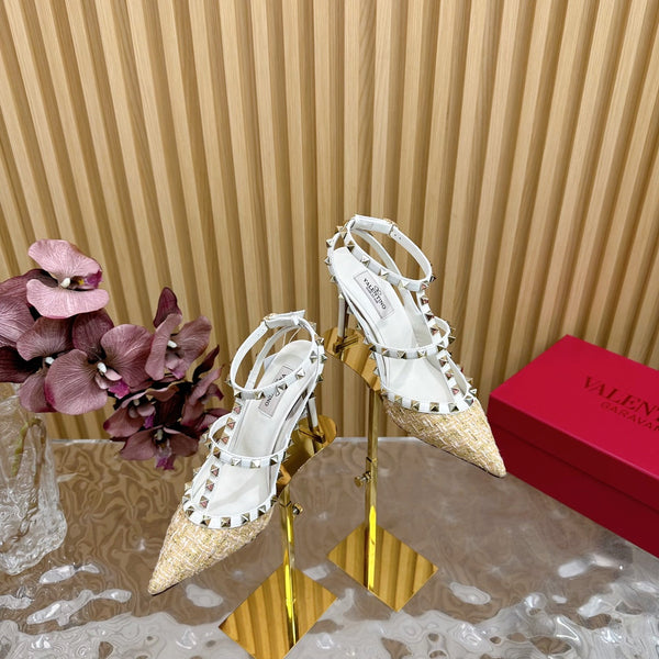 Rockstud Pump In Dark Beige Mix White Pied-de-poule Fabric And Cowhide 95mm 102083