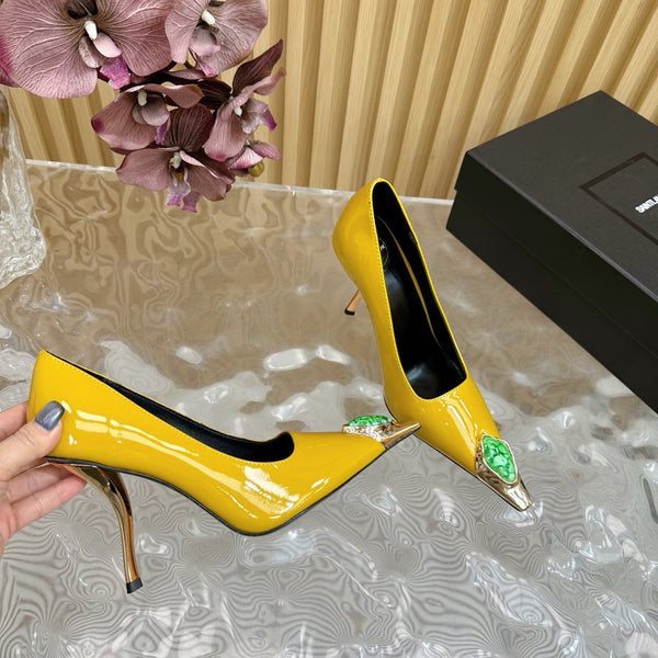 GREEN GEM-STUDDED HIGH PUMPS IN YELLOW PATENT CALFSKIN