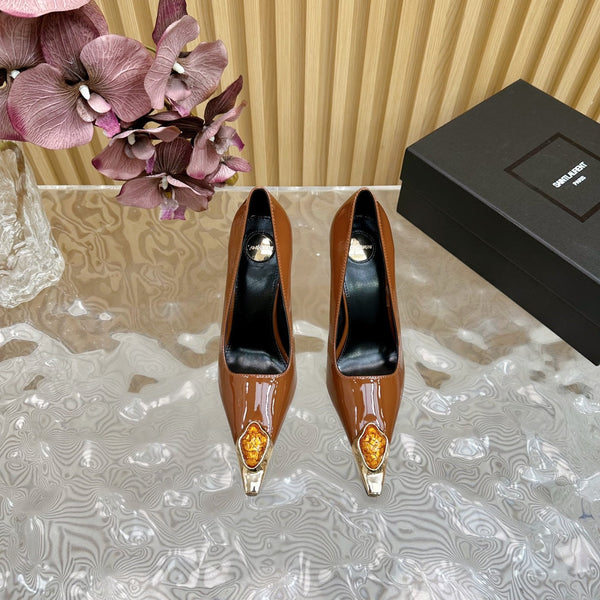 ORANGE GEM-STUDDED HIGH PUMPS IN BRONZE BROWN PATENT CALFSKIN