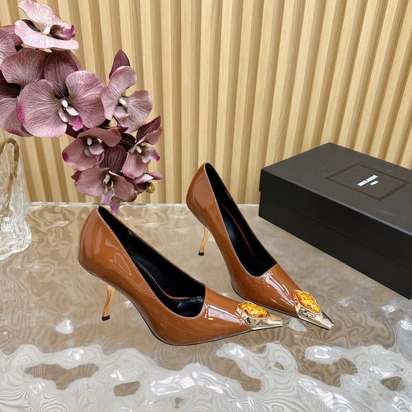 ORANGE GEM-STUDDED HIGH PUMPS IN BRONZE BROWN PATENT CALFSKIN