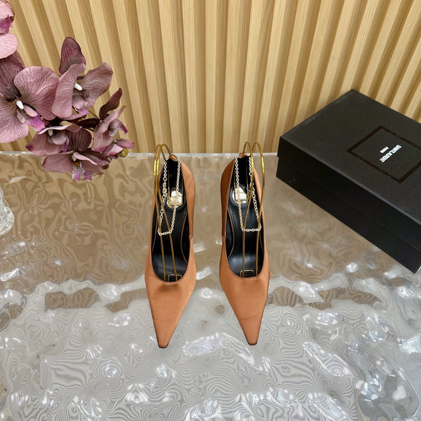 RÉGINE PUMPS IN RUSTIC ORANGE SATIN GOLD CHAIN
