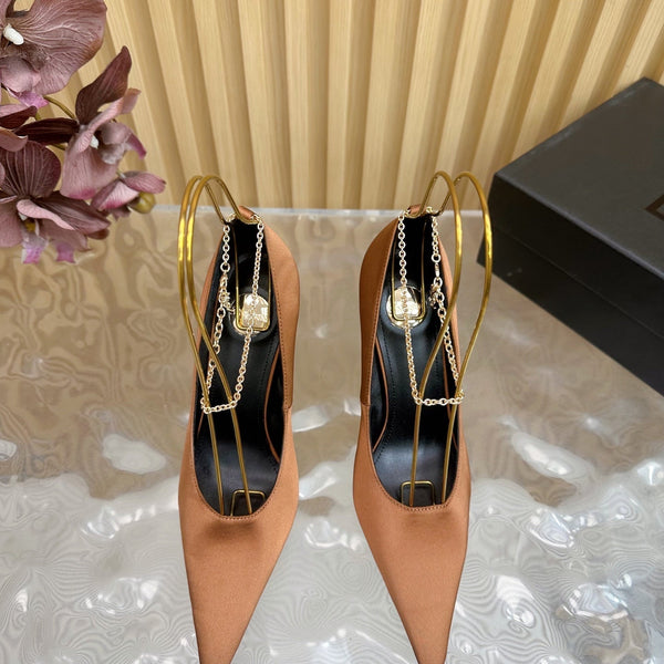 RÉGINE PUMPS IN RUSTIC ORANGE SATIN GOLD CHAIN
