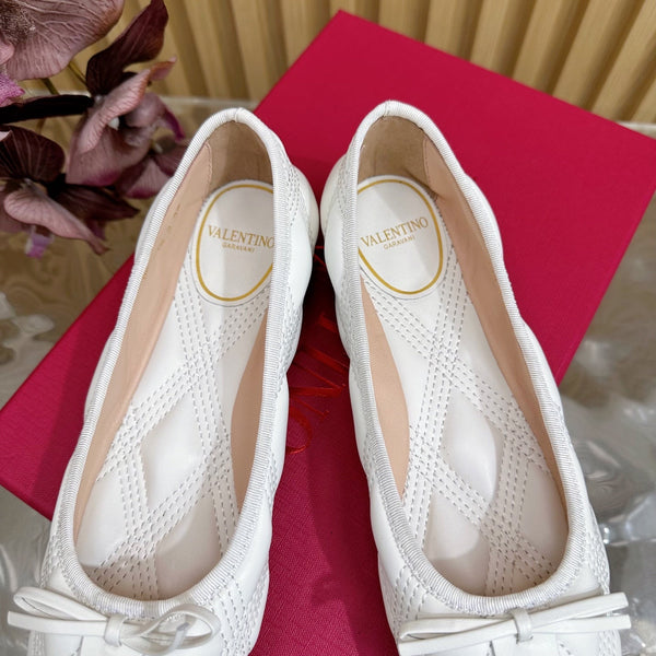 VT 2025 Quilted Leather Bow Ballerina Flats White Sheepskin 286491