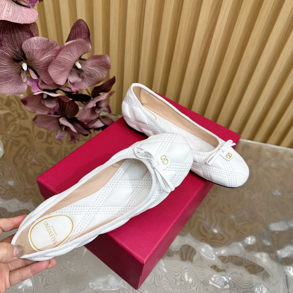 VT 2025 Quilted Leather Bow Ballerina Flats White Sheepskin 286491