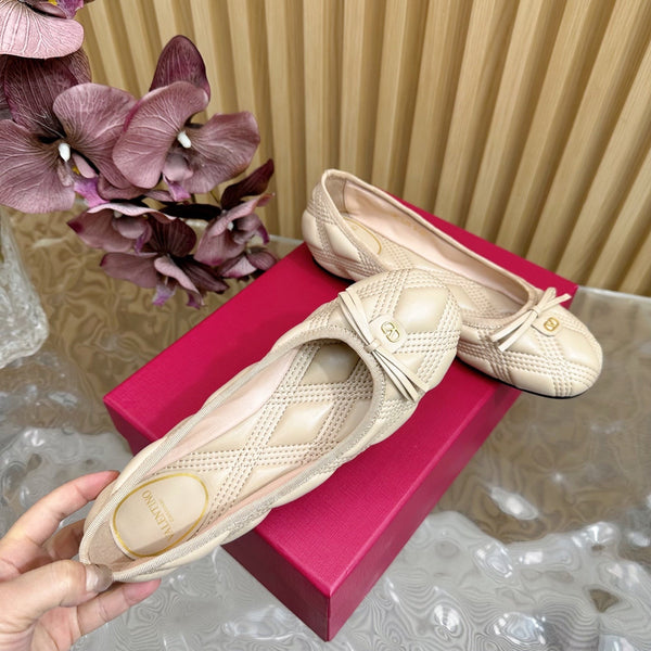 VT 2025 Quilted Leather Bow Ballerina Flats Nude Sheepskin 286492