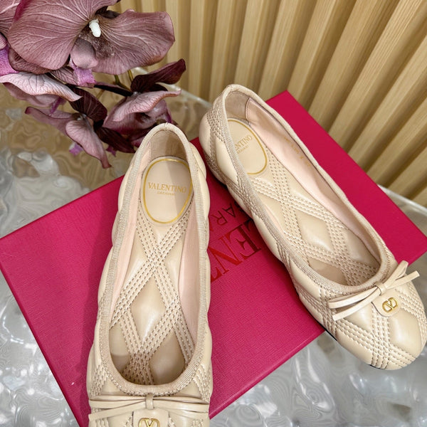 VT 2025 Quilted Leather Bow Ballerina Flats Nude Sheepskin 286492