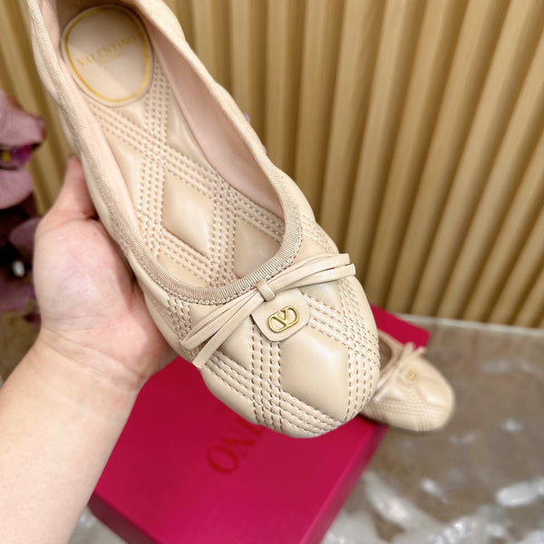 VT 2025 Quilted Leather Bow Ballerina Flats Nude Sheepskin 286492