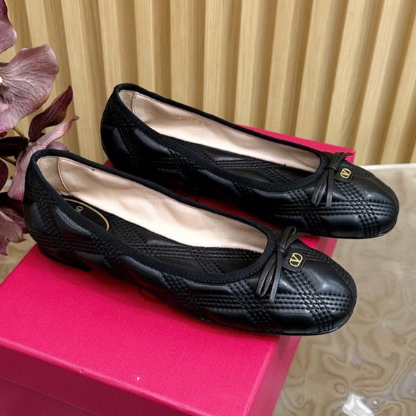 VT 2025 Quilted Leather Bow Ballerina Flats Black Sheepskin 286493