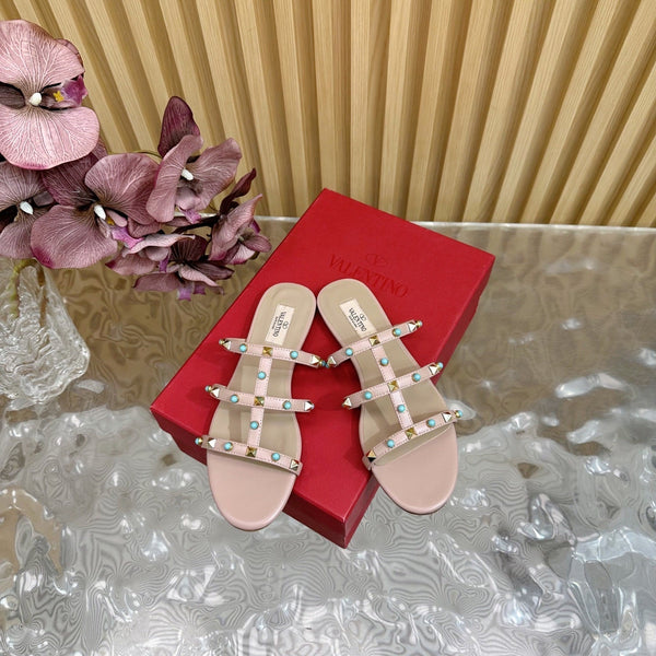 Rockstud Leather Caged Mule Sandals 10mm Pale Pink Sheepskin 307858
