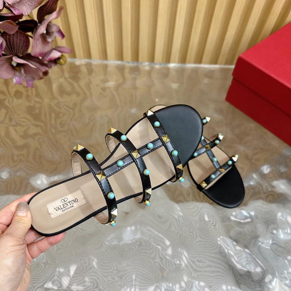 Rockstud Leather Caged Mule Sandals 10mm Black Sheepskin 307859