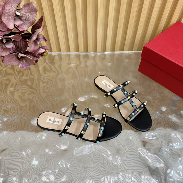 Rockstud Leather Caged Mule Sandals 10mm Black Sheepskin 307859