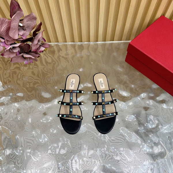 Rockstud Leather Caged Mule Sandals 10mm Black Sheepskin 307859