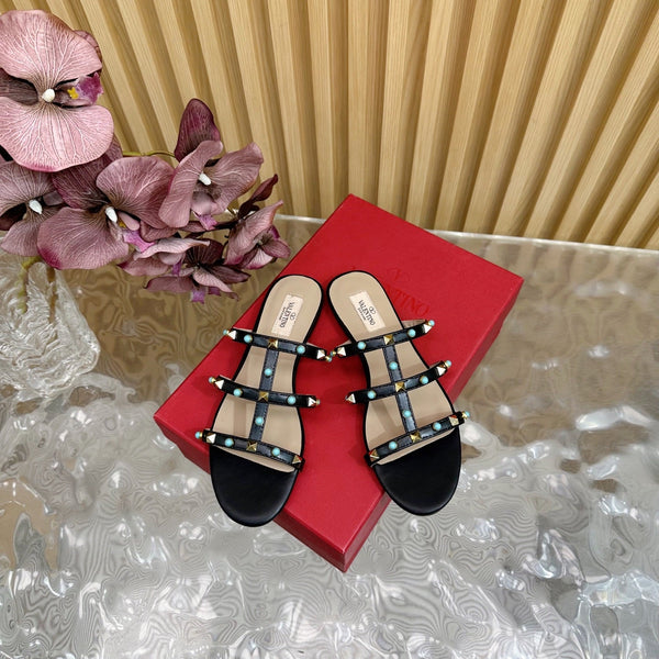 Rockstud Leather Caged Mule Sandals 10mm Black Sheepskin 307859