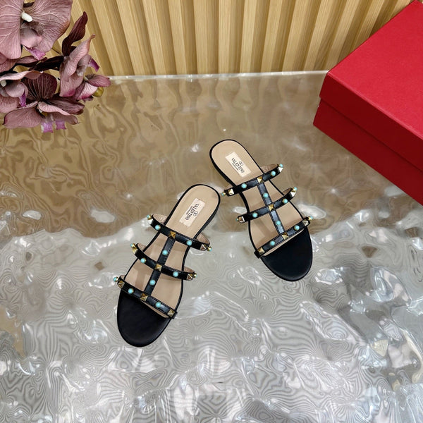 Rockstud Leather Caged Mule Sandals 10mm Black Sheepskin 307859