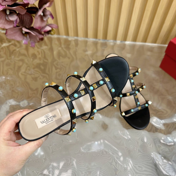 Rockstud Leather Caged Mule Sandals 60mm Black Sheepskin 307862