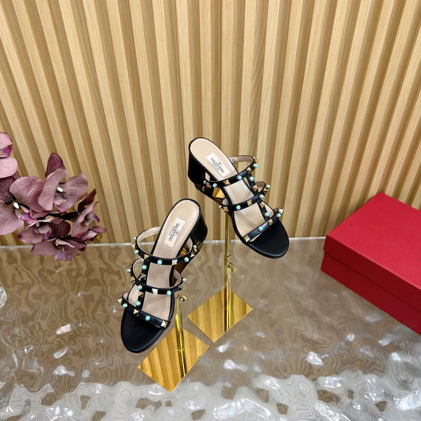 Rockstud Leather Caged Mule Sandals 60mm Black Sheepskin 307862