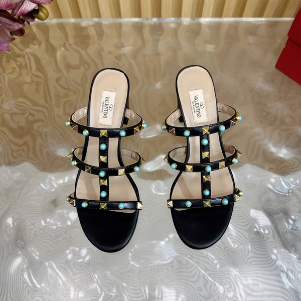 Rockstud Leather Caged Mule Sandals 60mm Black Sheepskin 307862